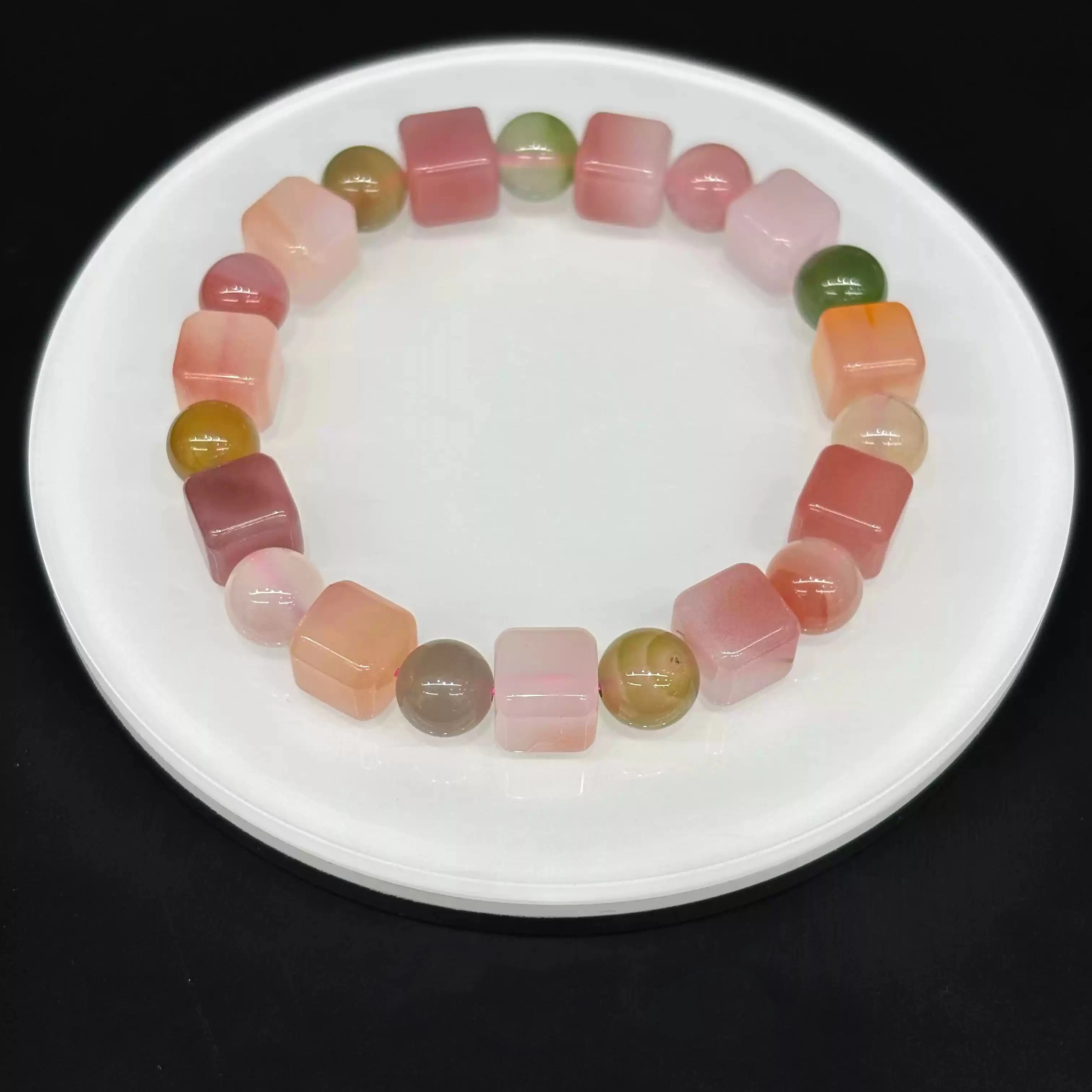 

Natural Yanyuan Agate Mixed Bead Bracelet Polished Cube & Round Segment Stretch Bangle for Playful Minimalist Jewelry & Gifting