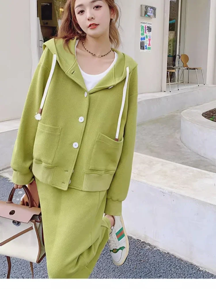 2 Piece Skirt Set Women 2023 Spring Autumn New Hooded Green Sweater Casual Skirt Sets Korean Fashion Dress Sets Womens Clothing