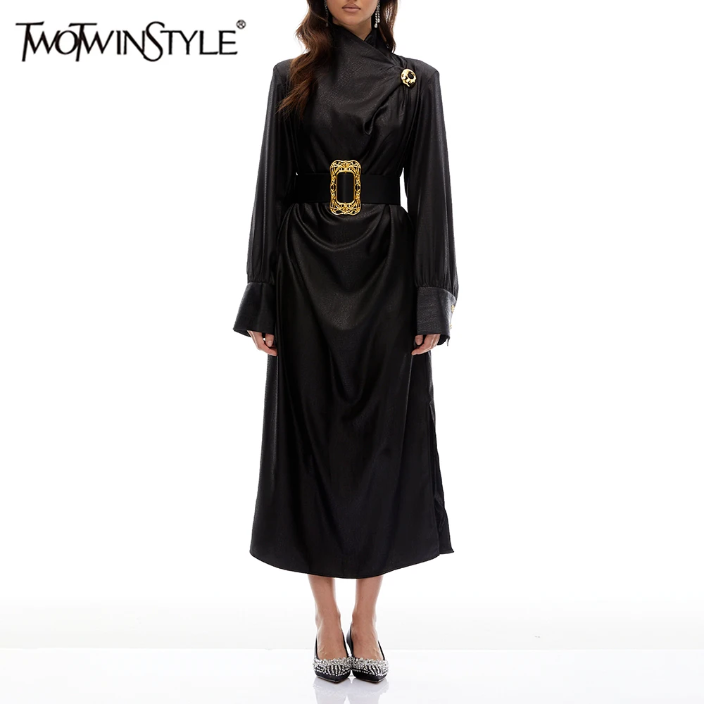 

TWOTWINSTYLE Solid Slimming Spliced Sequined Temperament Dresses for Women Stand Neck Long Sleeves Patchwork Belt Dress Female