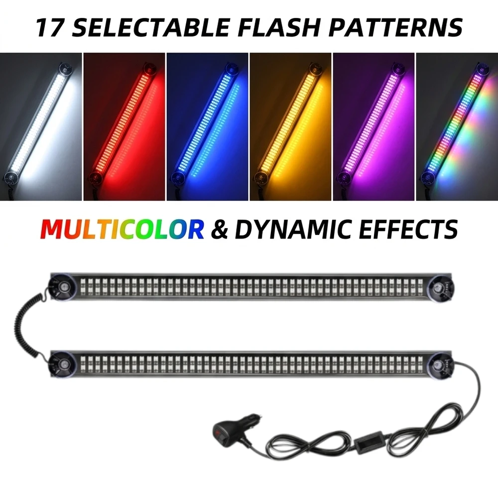 192 LED RGB Car Windshield Strobe Light Bar Set (1-to-2). Ultra-thin Emergency Warning Lamp. 17 Modes, Suction Mount, DC 10-30V.