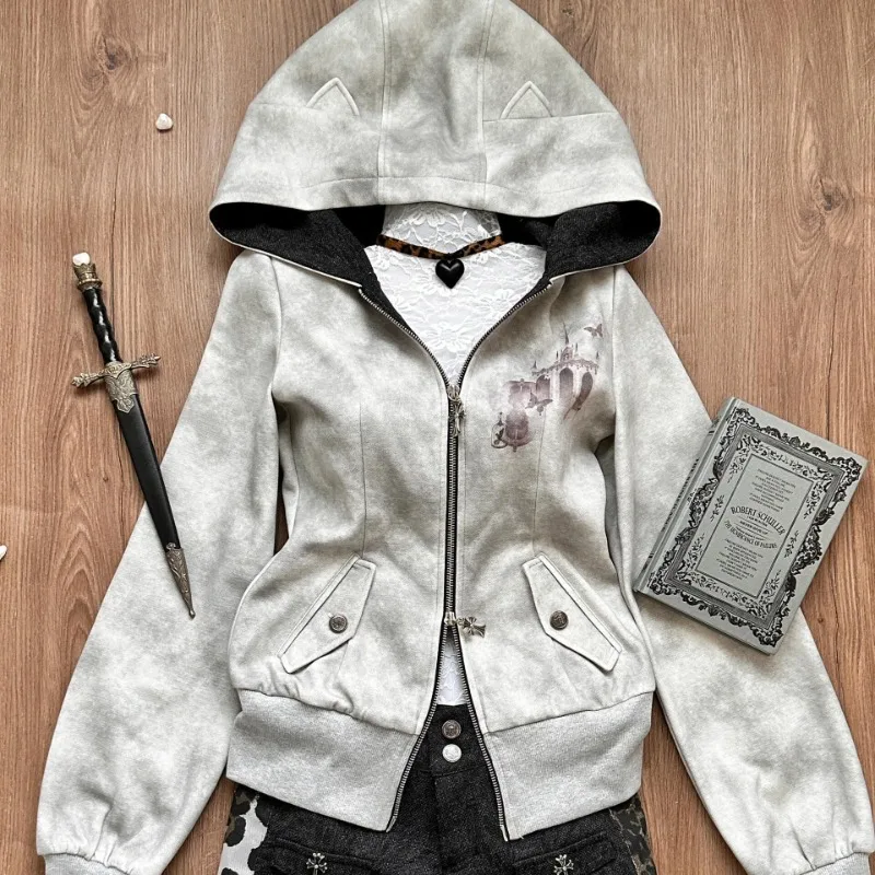 Y2k Women Autumn Winter New Style Cultivate One's (moral) Character Overcoat Grey Hooded Hoodie Divine Church Printing Cardigan