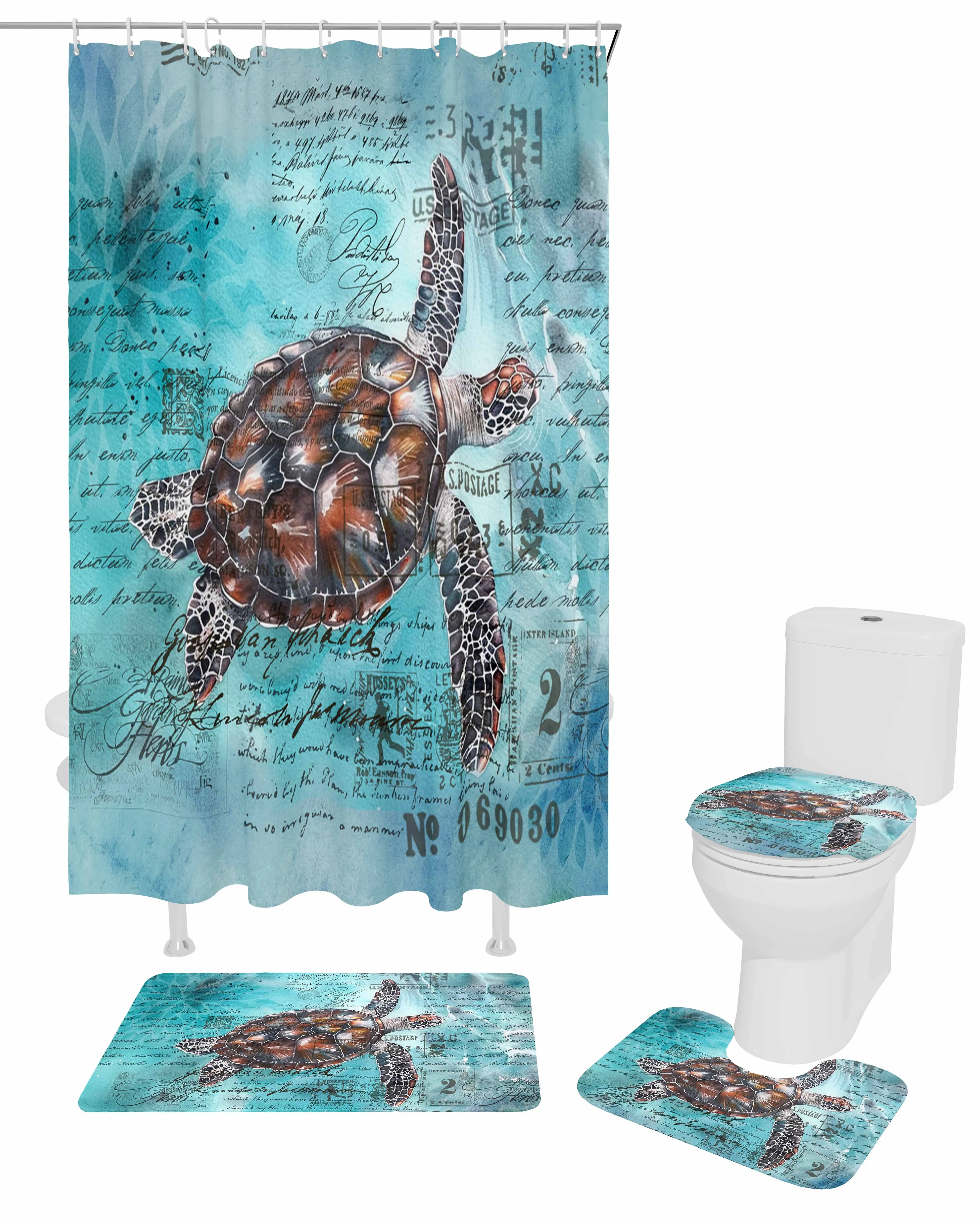 Summer Ocean Turtle Retro Shower Curtain Set Non-Slip Rugs Bath Mat Toilet Lid Cover Waterproof Bathroom Curtain