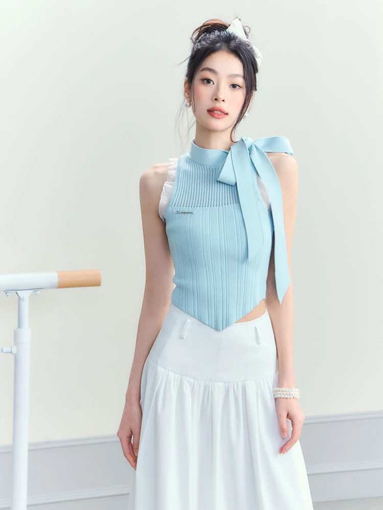 Women Hotsweet Solid Color Sleeveless Tanks Knit Tops 2023 Summer Bow Lace Up Crop Top Design Crewneck Knitwear Vest Y2K Female