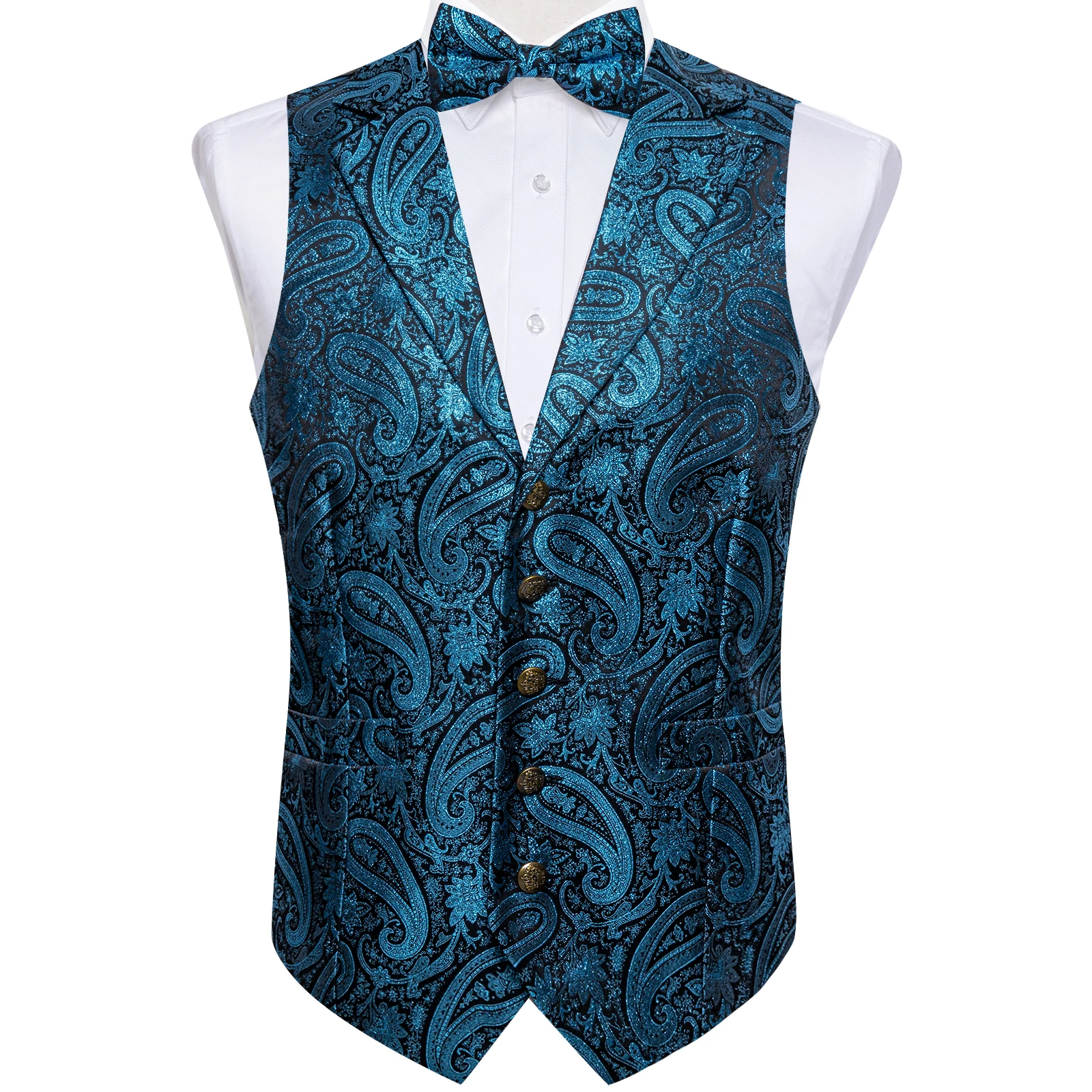 

Luxury Green Paisley Silk Suit Vest for Men Bow Tie Pocket Square Cufflinks Set Wedding Party Formal Tuxedo Waistcoat for Winter