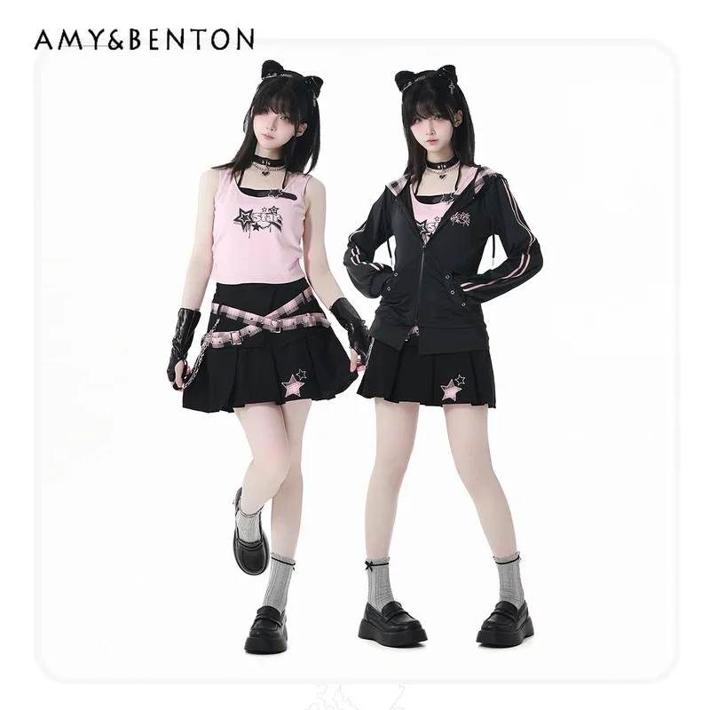 25COSSummer New Spice Girl Nero e Rosa Splicing Y2K Abiti Dolce Halter Slim Bretella Plaid Splicing Gonna a pieghe Due pezzi