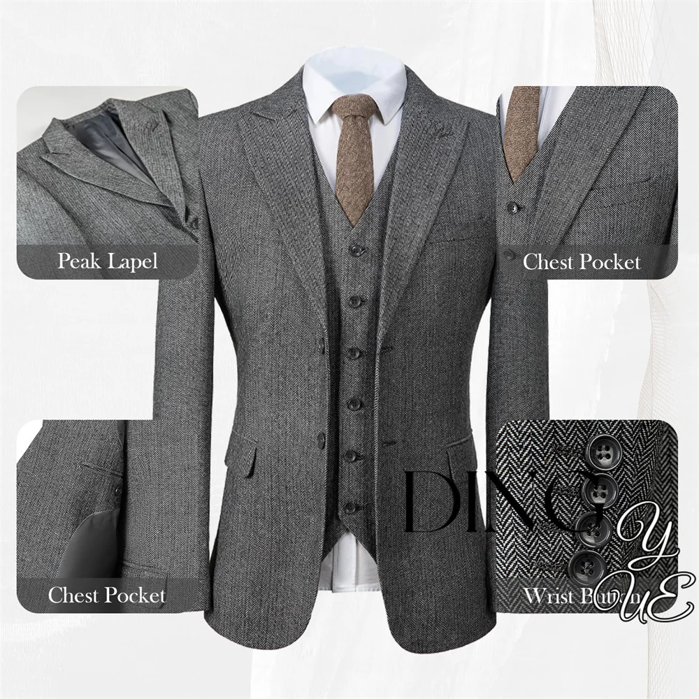 Mens Tweed Herringbone Wedding Suit Prom Tuxedos 3 Piece Peak Lapel Dress