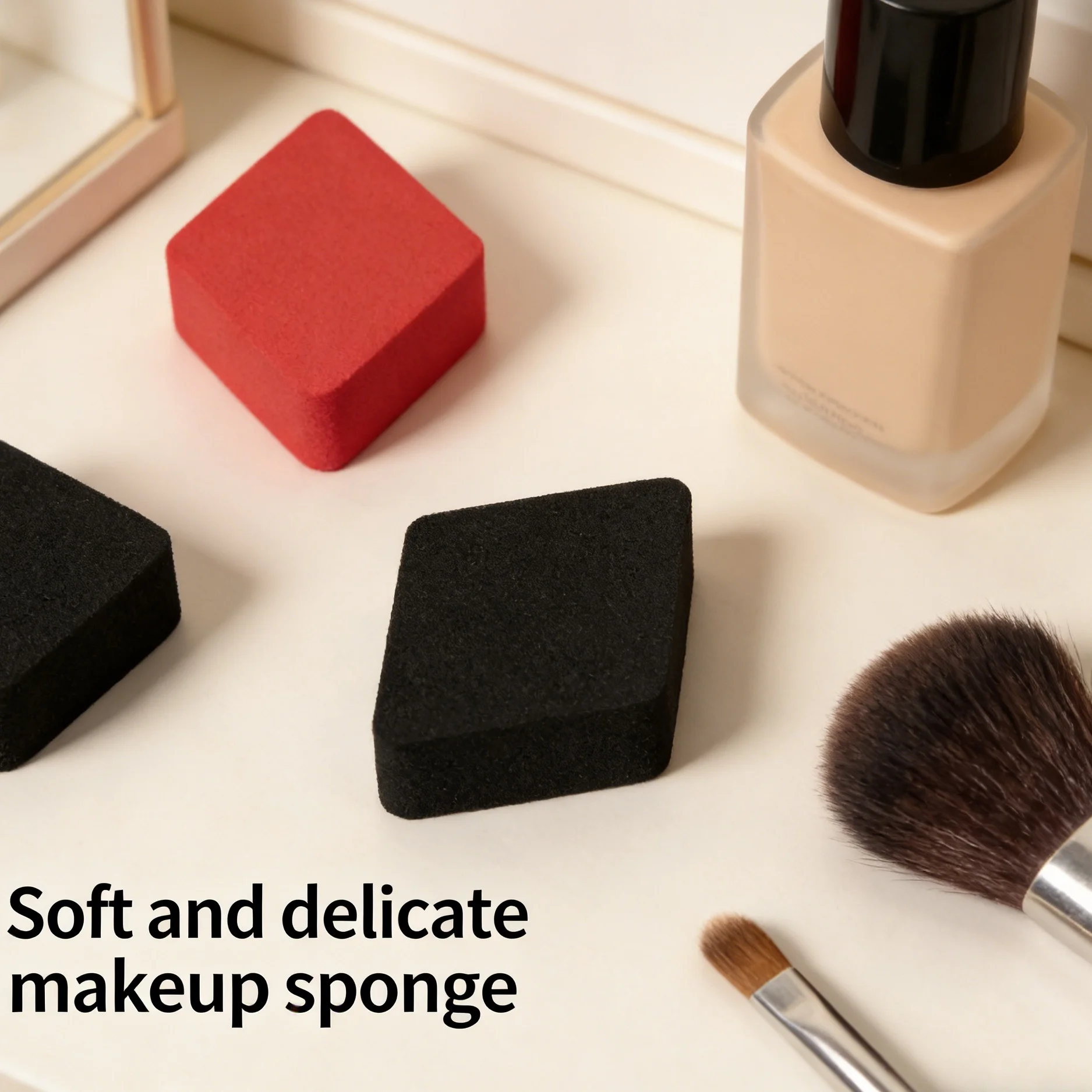 2 pieces of black and red mixed diamond-shaped powder puffs, soft and skin-friendly, expand when exposed to water.