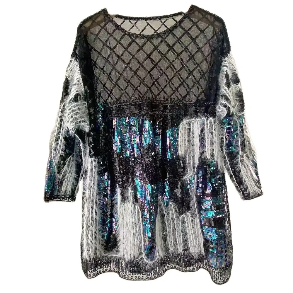 New Women Full Sequined Bling Round Neck Feather Tassels Long Sleeved Mini Dress Elegant Sexy Party Dresses Long Pullover