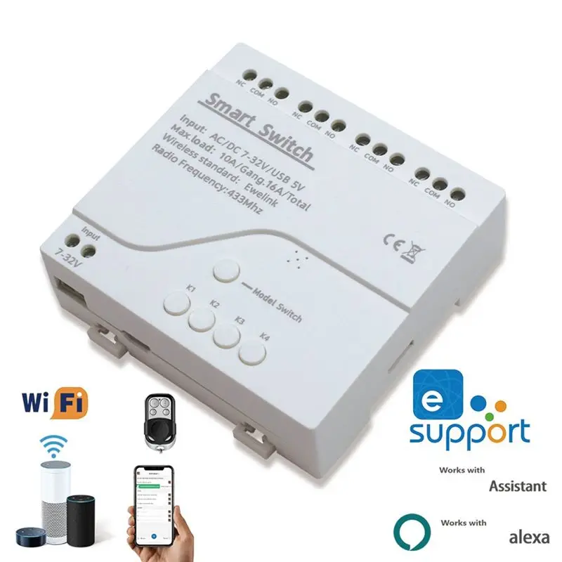 ABQU 4CH WiFi Smart Switch EWelink Inching Self-Locking RF433 4 Way Relay Module Works with Alexa for Google Home