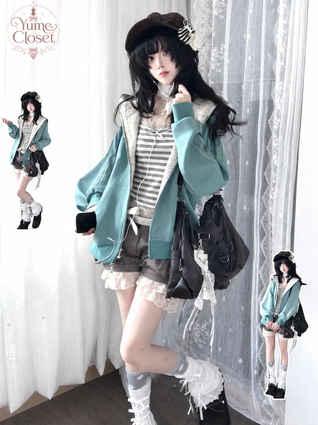 Vintage Japanese Coquette Streetwear Zip Up Hoodie Women Mint Green Floral Patchwork Oversized Fit Casual Autumn Outfit 2026