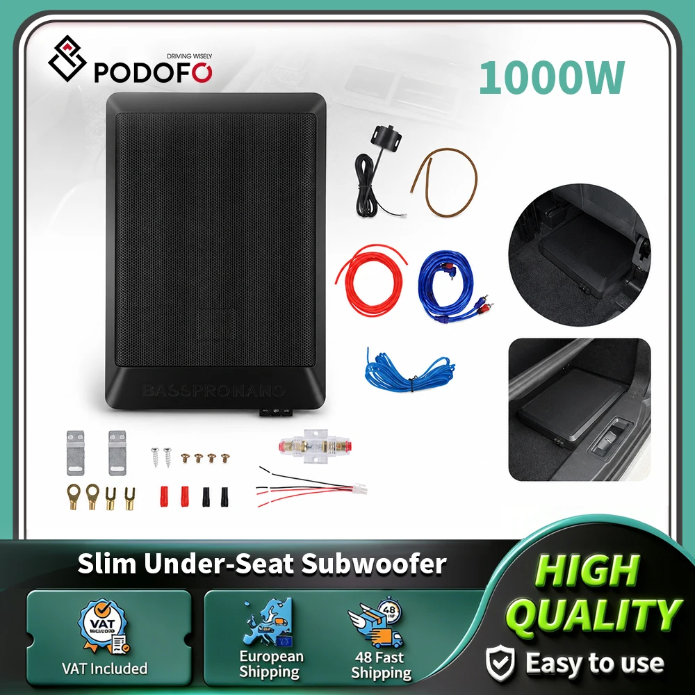 Podofo 1000W Ultraflacher Aktiver Auto-Subwoofer für PKW, LKW, SUV Stereo-Soundsystem-Upgrade Schlanker Untersitz-Subwoofer mit Audiokabel