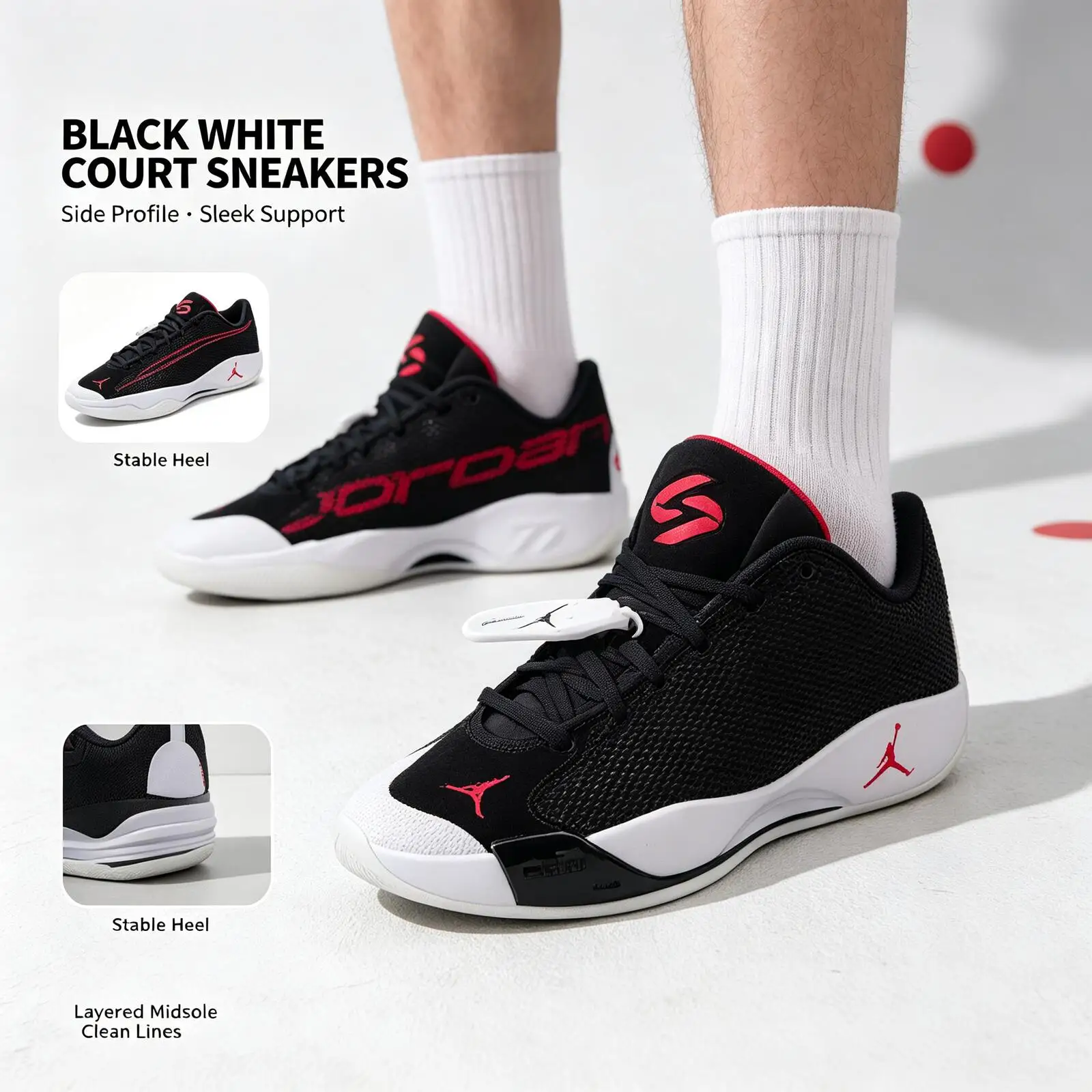 Nike Brandname Black White Red Court Sneakers Bold Contrast Low-Top Sports Shoes Smooth Upper Cushioned Non-Slip Casual Sneakers - view 4