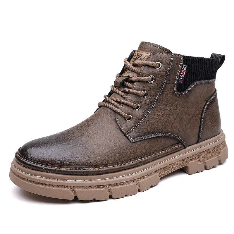 Fashion Men's Winter High Top Lace-Up Boots Thermal Lined Warm Leather Casual Shoes Waterproof Outdoor Platform Sole Ankle Boots