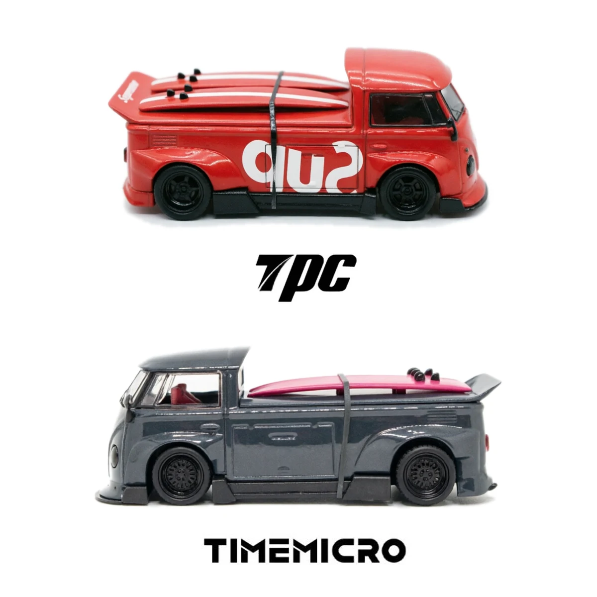 TPC & TimeMicro 1:64 Modelo de Carro Diecast VW T1 Pickup Modificado 2 Cores Disponíveis (Vermelho/Cinza) Design Lowrider Widebody Em Estoque