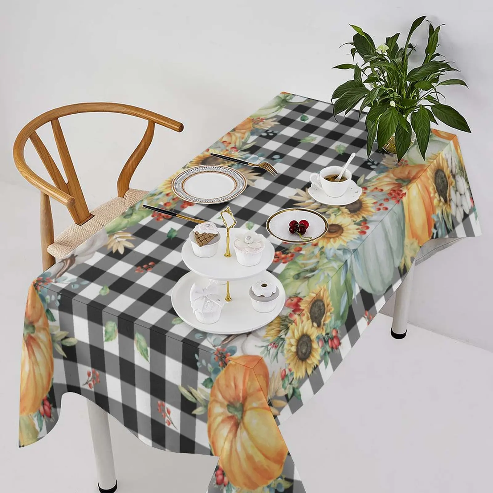 

Waterproof Durable Checkered Tablecloth with Sunflower & Pumpkin Print, Multi - Scene Decor