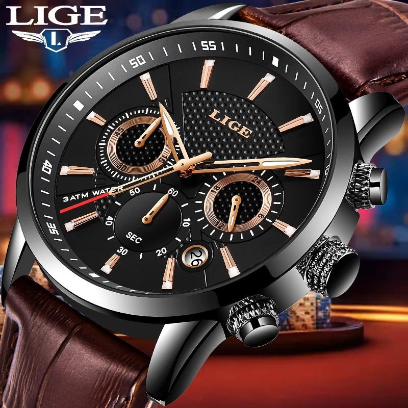 

LIGE New Men Watch Top Brand Luxury Luminous Waterproof Watches For Men Military Leather Quartz Chronograph Relogios Masculino