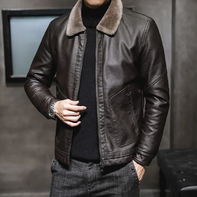 Winter Leather Jacket Men's Classic Gentleman Thickened fleece-lined Warm PU Leather Coat Male Fashion Slim Motorcycle Jacket