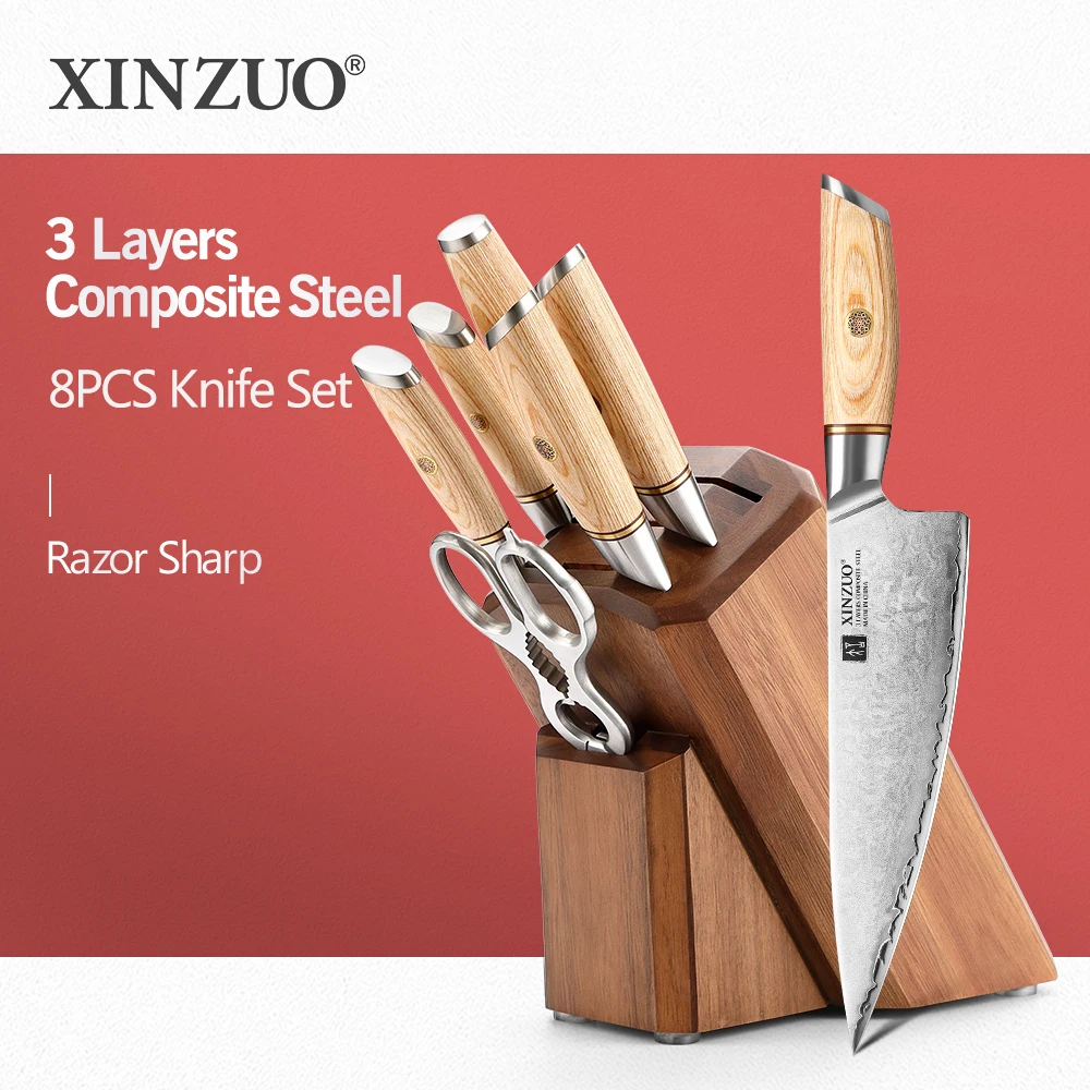 XINZUO Professional Kitchen Knives 8PCS Set with Sharpener & Kitchen Scissors & Knife Holder 3-layer Clad Steel Pakkawood Handle