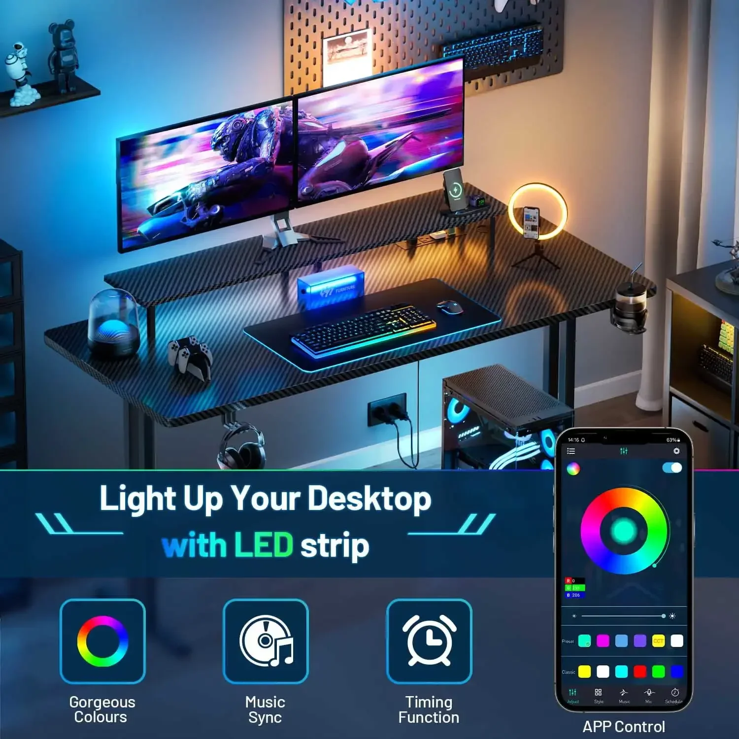 47 inch Gaming Desk with LED Lights & Power Outlet, Computer Gamer Desk with Monitor Stand