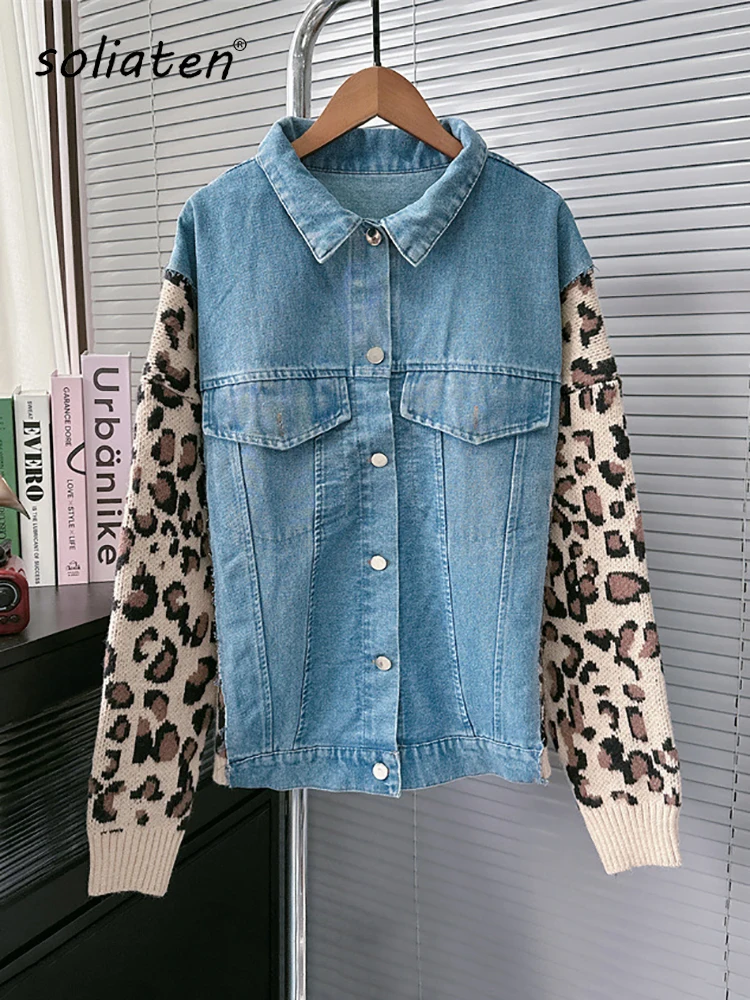 Women Stitching Denim Jacket Spring Autumn Long Sleeve Single Breasted Loose Casual Lapel Coat Female Outerwears C-012