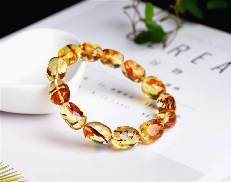 

Genuine Natural Piebald Barrel Beads Bracelet Yellow Red Amber Women Men Healing Stretch Bangles Jewelry Accessories