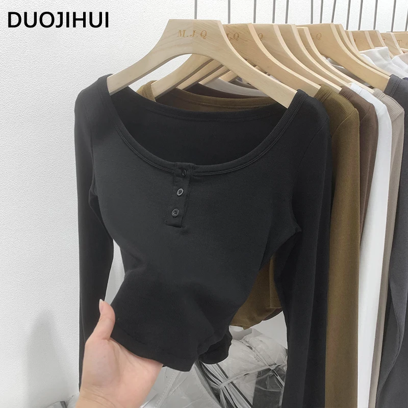 DUOJIHUI Navy Blue Autumn Sexy Chicly Button Women T-shirts Basic O-neck Simple Casual Fashion Solid Color Slim Female T-shirts