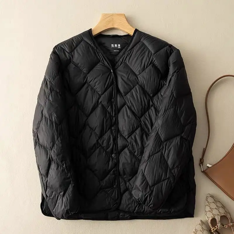 New Autumn Winter Ultra Light Collarless Soft Puffer Jacket Women Casual Loose Single Breasted 90% Duck Down Coat