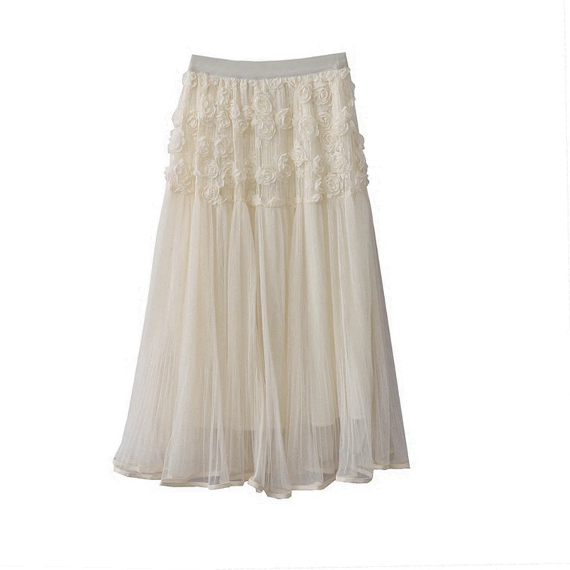 กระโปรงตาข่ายสไตล์ Y2K สำหรับผู้หญิง ฤดูใบไม้ร่วง ฤดูหนาว ดีไซน์อ่อนหวาน งานประณีต ลายดอกไม้ 3 มิติ ผ้าหนา กระโปรงยาวครึ่งตัว