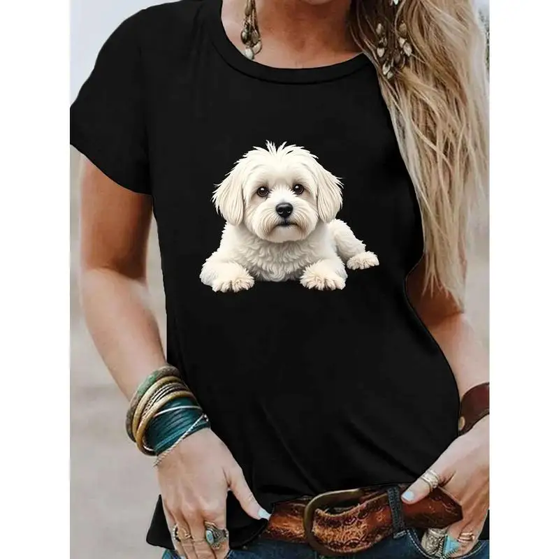 

Cute White Dog Print T-Shirt for Women, Casual Maltese Puppy Graphic Tee, Summer Pet Lover Top, Short Sleeve Daily Wear