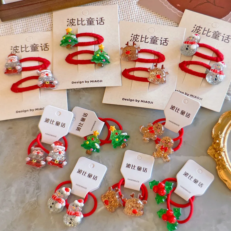 2PCS New Cartoon Santa Claus Girls Elastic Hair Bands Lovely Hair Accessories Children Hair Ties Baby Headwear