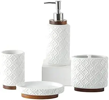 

4PC Ceramic & Wood Bathroom Set - White Quatrefoil Pattern - Soap Dispenser, Toothbrush Holder, Tumbler, Soap Dish