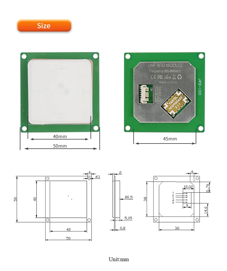 FM-506 Size 50*50mm UHF RFID 865~868MHz or 902-928mhz Integrated 3dBi Double Feed Antenna Label Reader Module With Free SDK