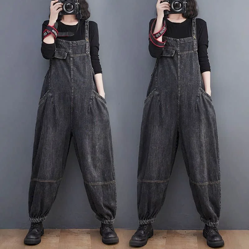 Celana Kodok Denim untuk Wanita Celana Panjang Pergelangan Kaki Solid Pakaian Satu Potong Baju Monyet Wanita Longgar Fashion Korea Kasual Vintage Overall