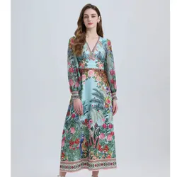 Holiday Gorgeous Flower Long Dress Women Clothing Chiffon Lantern Sleeve V-Neck Floral Print High Waist A-Line Party Vestidos