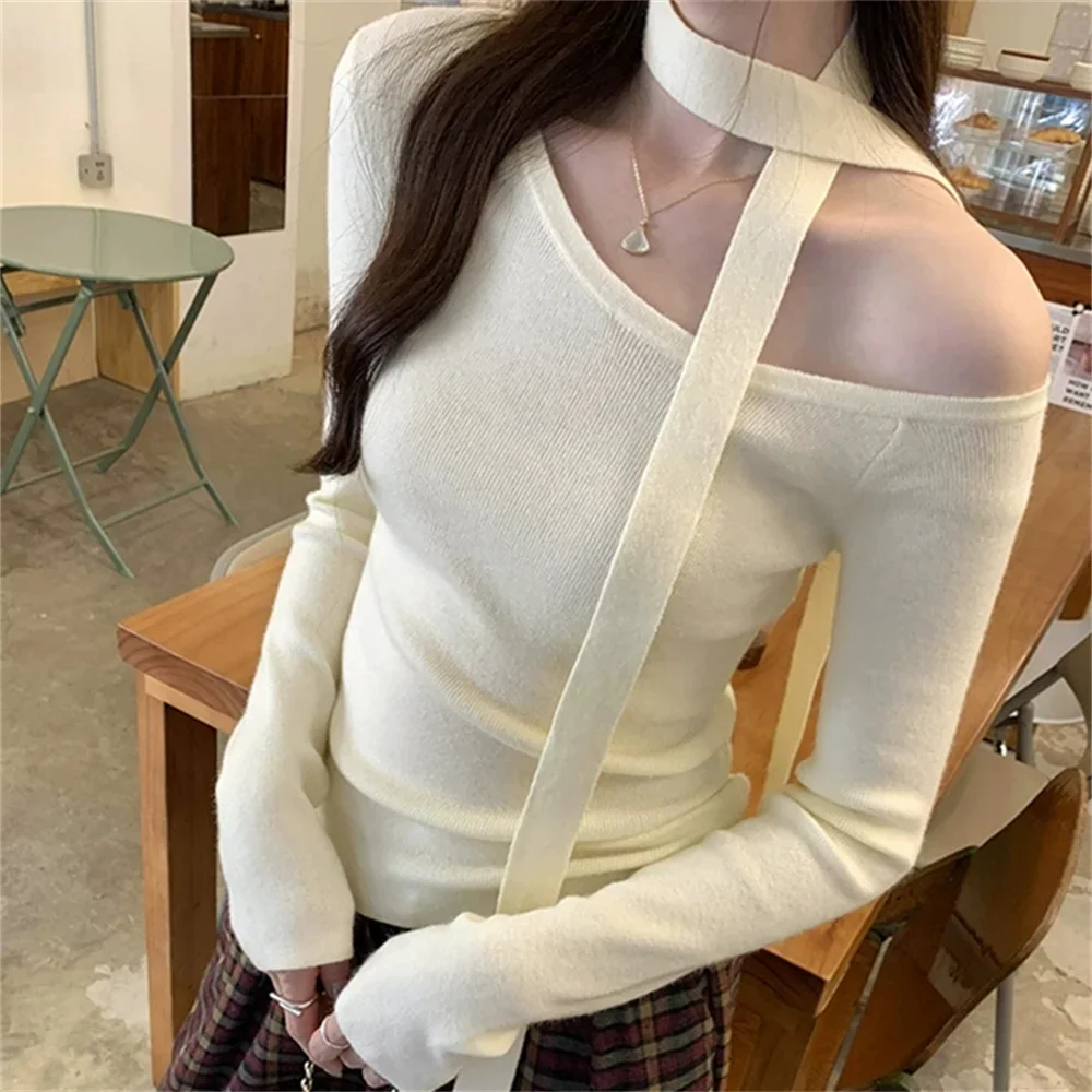 

202, весенне-осенний сексуальный однотонный пуловер с длинными рукавами и вырезом на шее, женский новый корейский тонкий повседневный вязаный топ с шарфом
