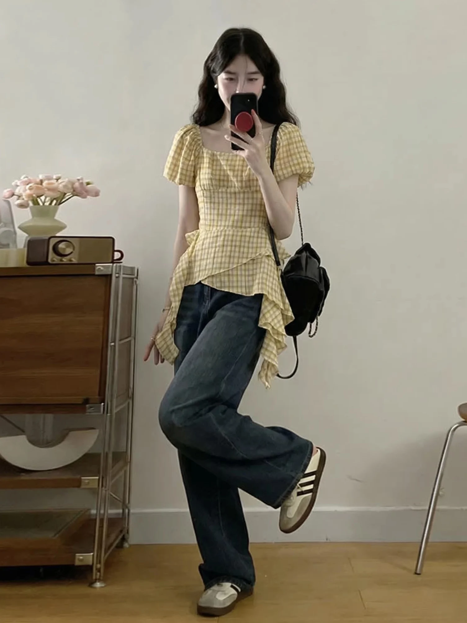 

Yellow Plaid Short Sleeve Shirt Women's Fashion Summer New Style Ageless Doll Shirt Asymmetrical Top Commute Style Loose Fit