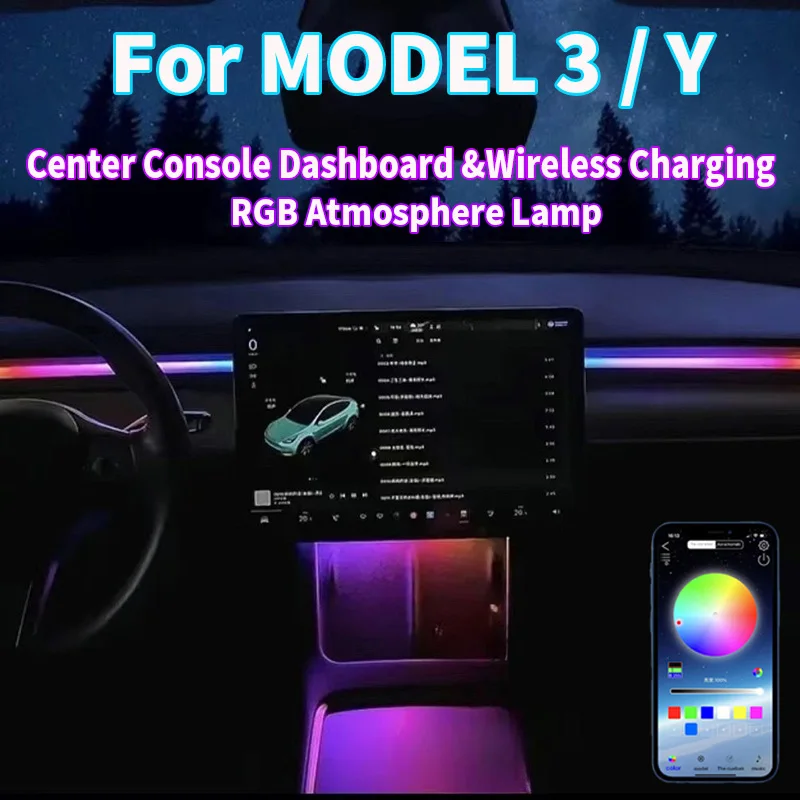 NEW For Tesla Model 3 Y Center Console Dashboard Wireless Charging RGB Neon LED Light Strip Musical Rhythm USB Power APP Control