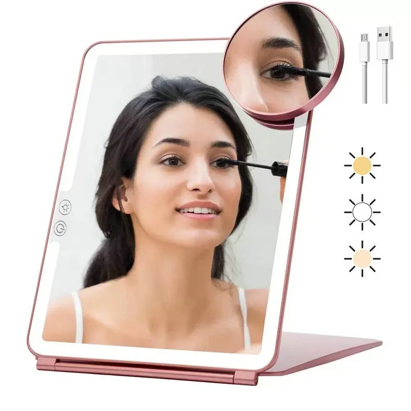 Rechargable Travel Makeup Mirror with 3 Colors Lighting ,10X Magnification,Portable Compact Travel Lighted Mirror