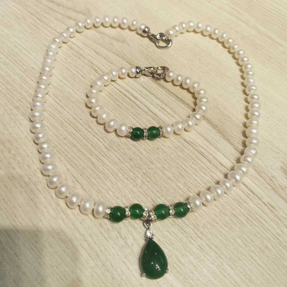 8-9mm Natural Freshwater Pearl Necklace Bracelet Set with Artificial Green Agate Birthday Gift