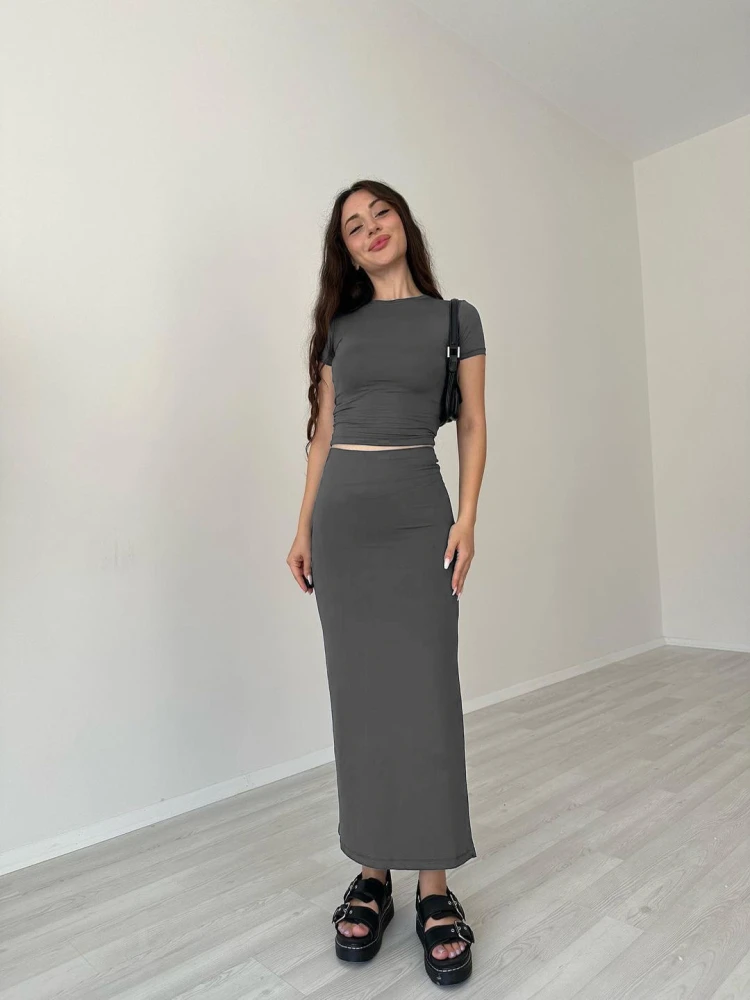 

Summer Faion Casual Pure Color round Ne ort Sve ort Top Длинная юбка с разрезом Женский ансамбль ort Top Длинная юбка
