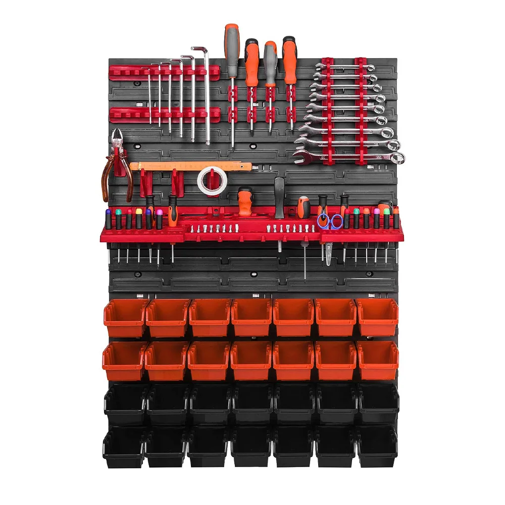 

Wall Mounted Storage Bins 28-Bin Parts Rack Organizer Garage with 2PCS Wall Panels Hooks Plastic Shop Tool for Screw Nails