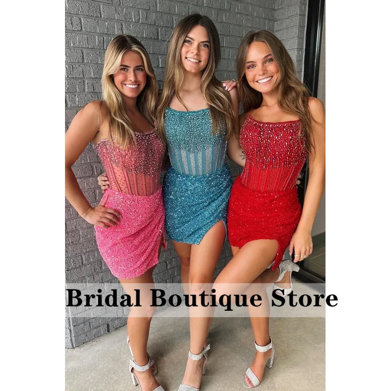 Vestidos de fiesta brillantes para el regreso a casa, cóctel, graduación, ajustados, sin tirantes, con corsé, escote barco, sin espalda, con cremallera, sin mangas, con pedrería, personalizados