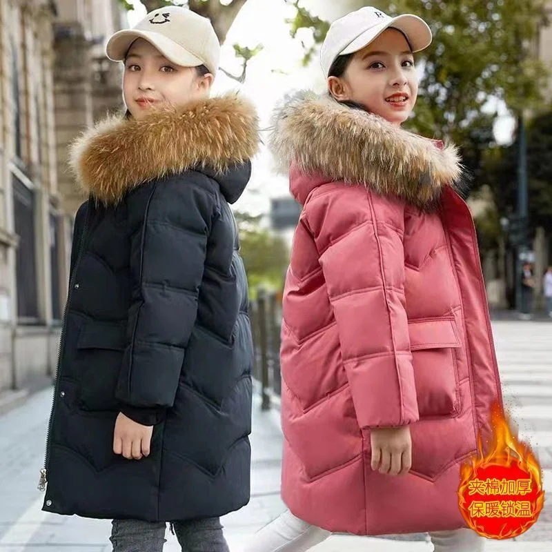 -30℃ Girls Padded Down Jacket Winter Kids Thick Warm Cotton Clothes Coat Lining Plush Hooded Outerwear Cold Parka Snowsuit 5-12Y