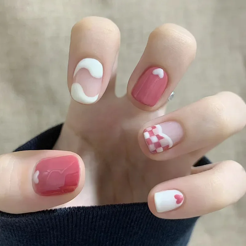 

24Pcs Pink White Cute Press on Nails with Glue Short Kawaii Beautiful Adhesive False Nails with Sticky Tabs Removable Nail Tips