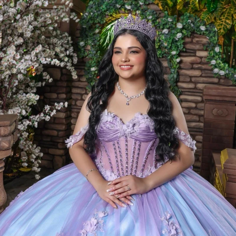 

Simple Lavender Quinceanera Dresses Off the Shoulder Sequin Decal 3D Flower Long tail Bow Vestido De 15 Quinceanera Customize