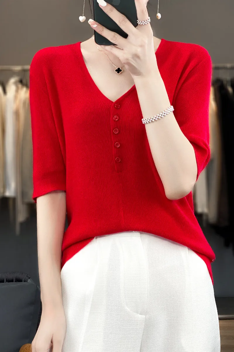 Spring Summer Women Female V-Neck Knitted Half Sleeve Pullover Sweater Merino Wool T-Shirt