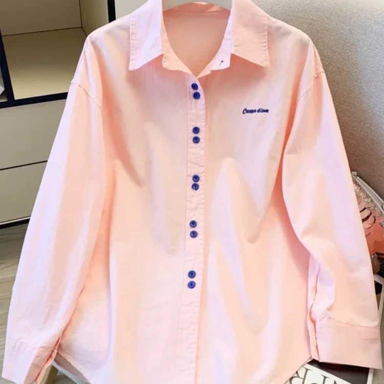 

Minimalist Candy Colored Long Sleeve Women's Shirt Loose Fit Button up Contrast Color Commute Top Spring Autumn New Style