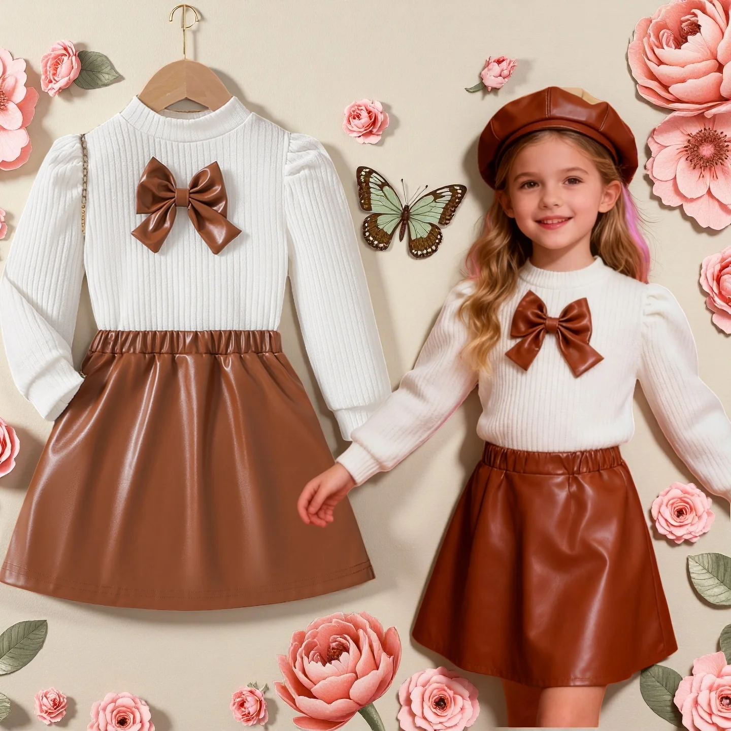 

3 Pcs Girls' Clothes Autumn Winter Outfits Long Sleeve Top Blouse Shirt + Leather Half Skirt Lady Kids Dress Set Korean Style