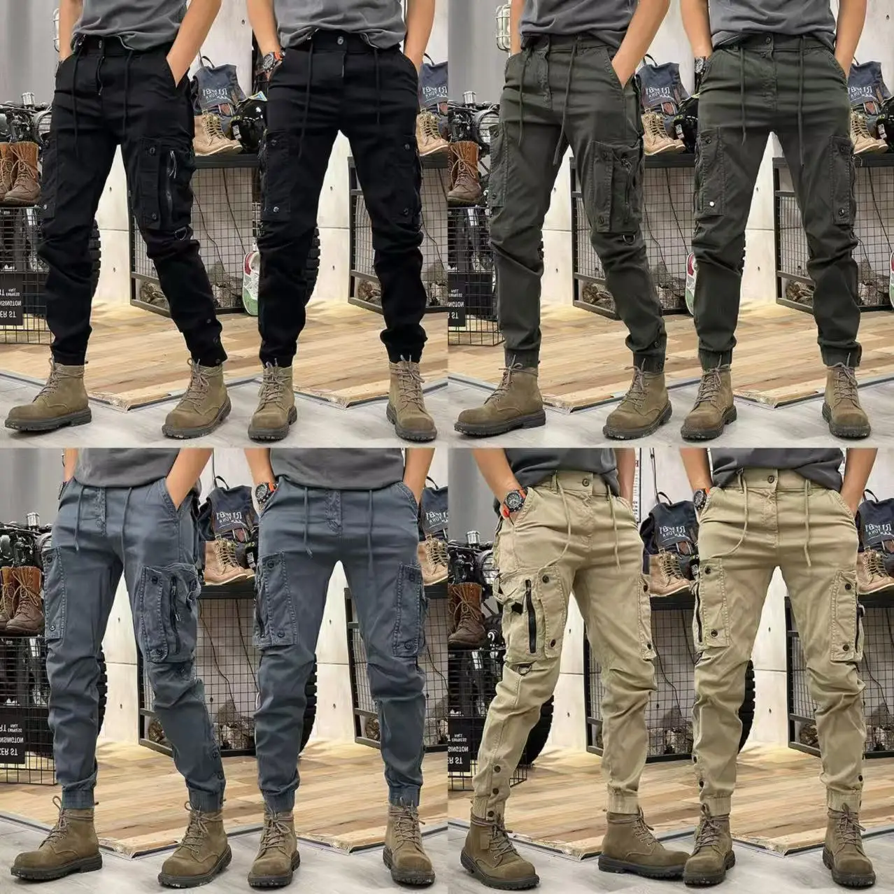 

Fashionable men's work pants, casual drawstring, multiple pockets, solid color sports pants, daily wear, outdoor training
