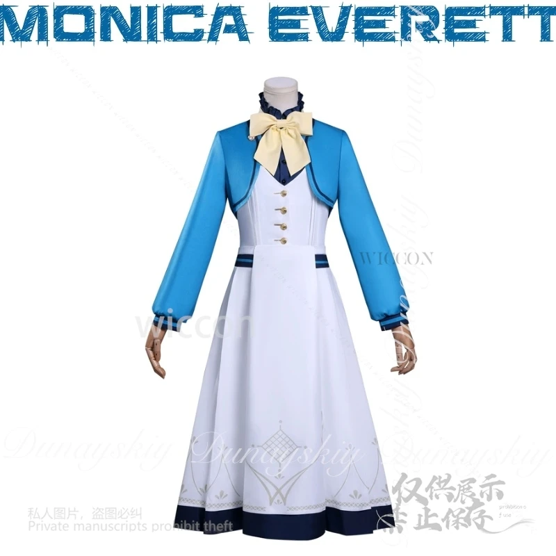 MoeMimic أسرار الساحرة الصامتة أنيمي مونيكا ايفريت تأثيري مع لون القهوة شعر مستعار أزرق أبيض فستان زي جميع مجموعة كوس